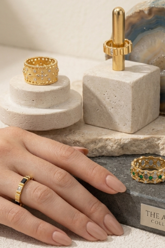 18K gold plated brass rings featuring sculptural and statement designs from All-Glows