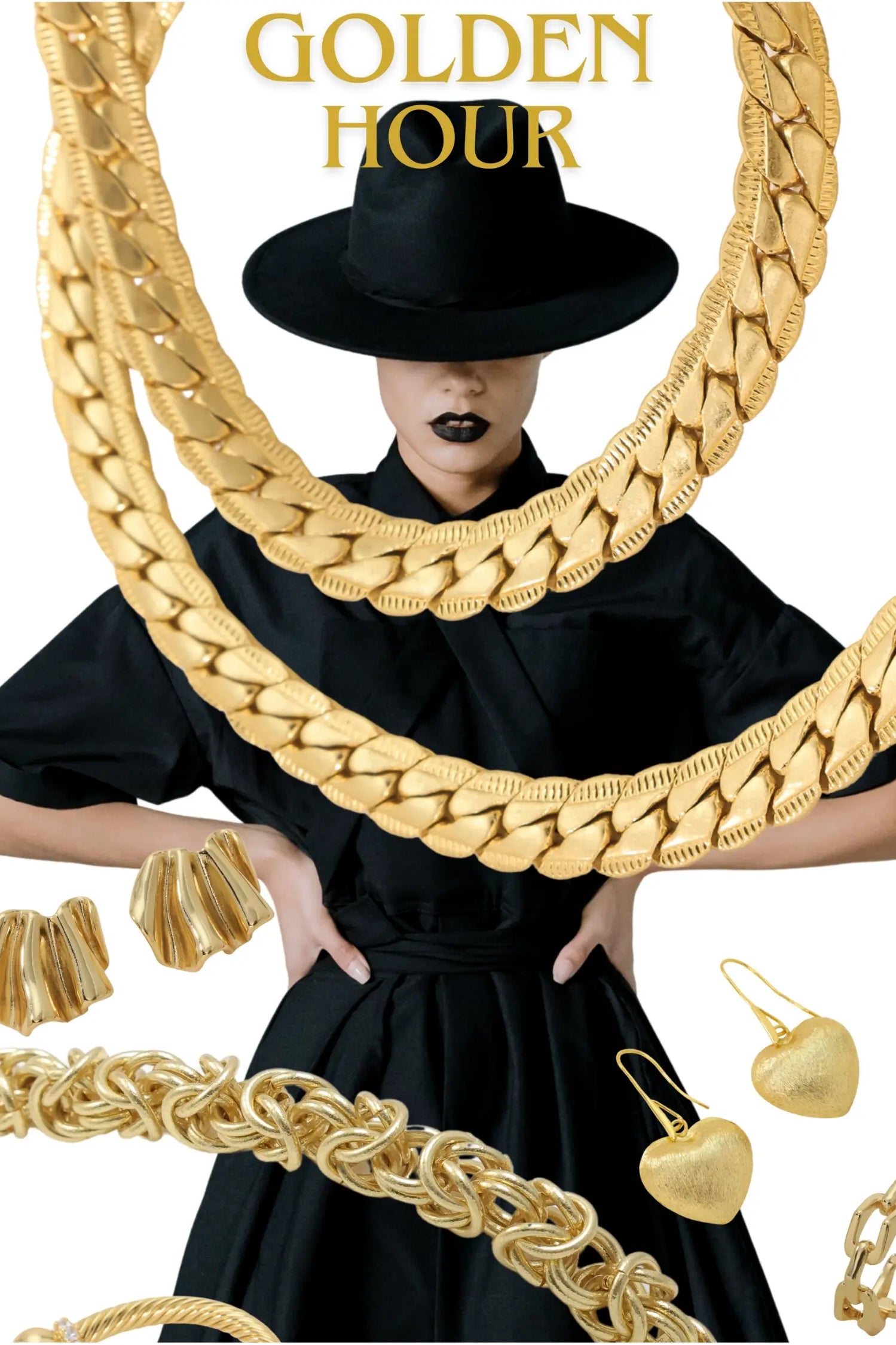 Model wearing layered 18k gold plated chains and statement jewelry – Golden Luxe Collection by All-Glows