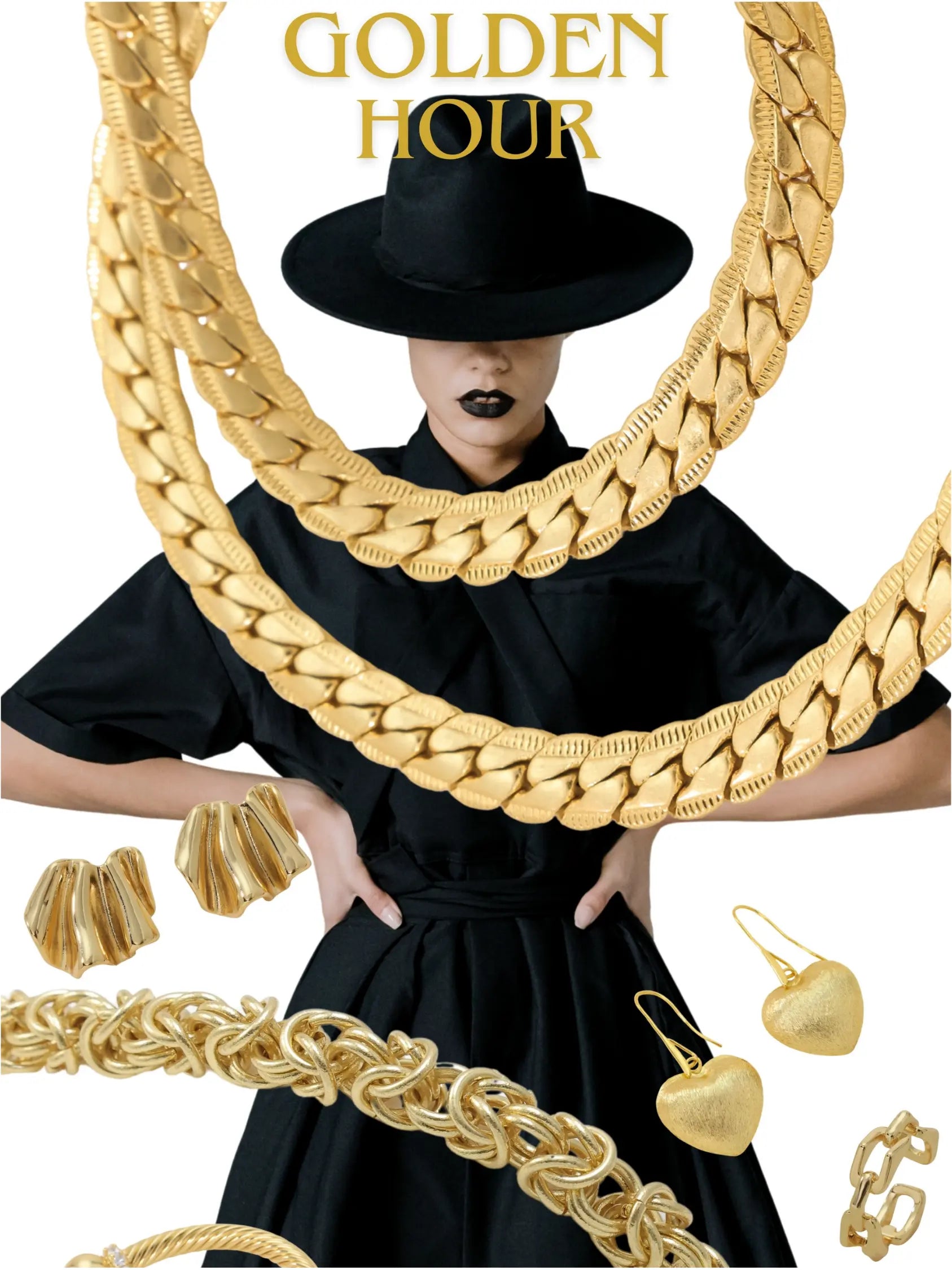 Model wearing layered 18k gold plated chains and statement jewelry – Golden Luxe Collection by All-Glows