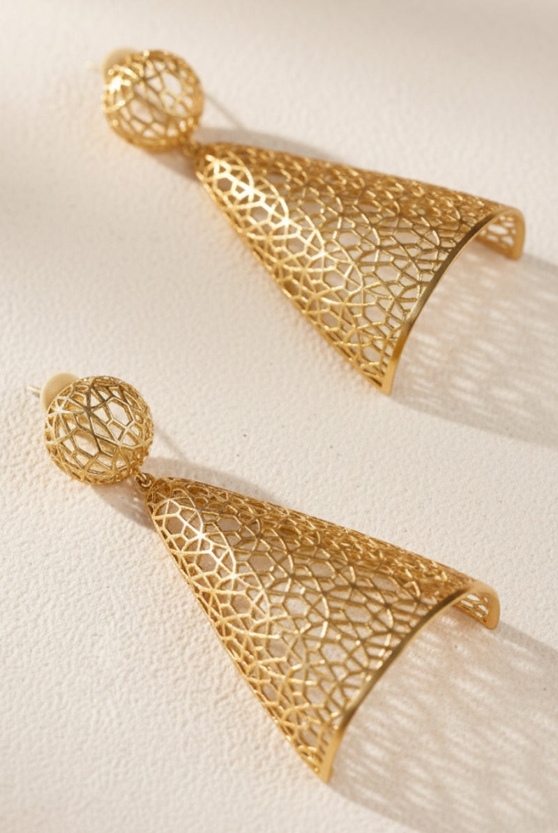 Two 18K gold plated lattice drop earrings on a textured surface, with ball posts and cone-shaped dangles.