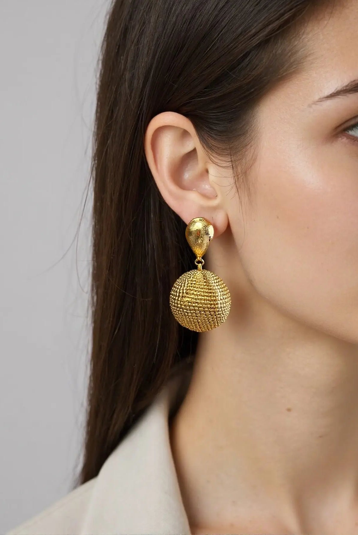 Earth Earrings – 18K Gold-Plated Textured Sphere with Landmass-Inspired Links All-Glows