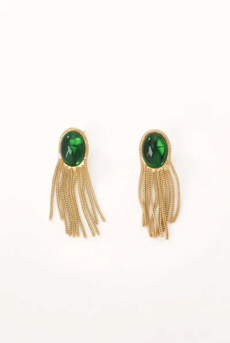 Gold-Plated Eclipse Vintage Tassel Green bead Earrings