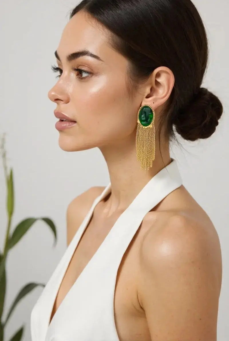 18K Gold-Plated Eclipse Vintage Tassel Green Bead Earrings All-Glows