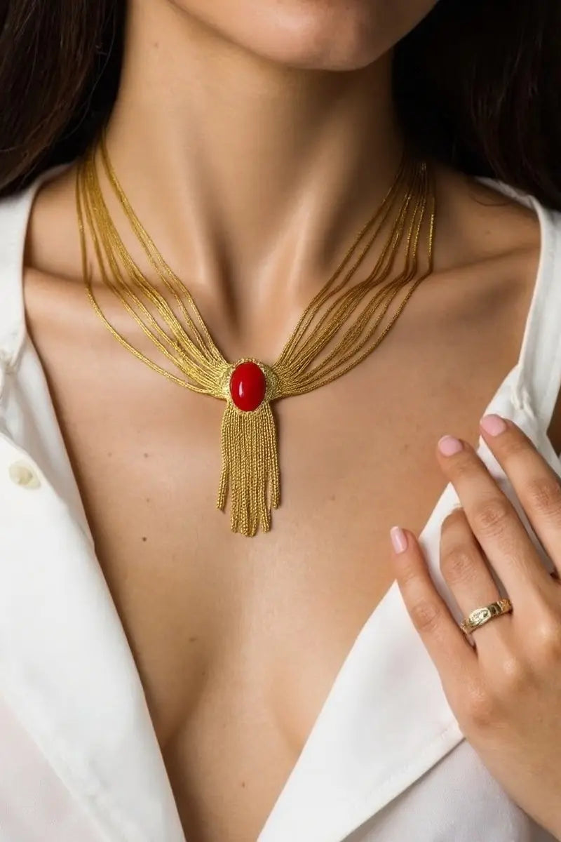18K Gold-Plated Foxtail Chains with Red Glass Pendants