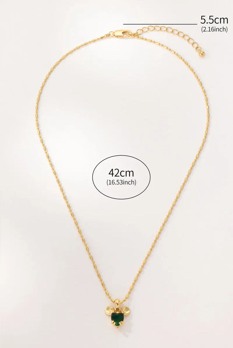 Mikey Chain Necklace - 18K Gold-Plated Brass Beaded Chain with Mickey Pendant and Green Zirconia - Whimsical Jewelry All-Glows
