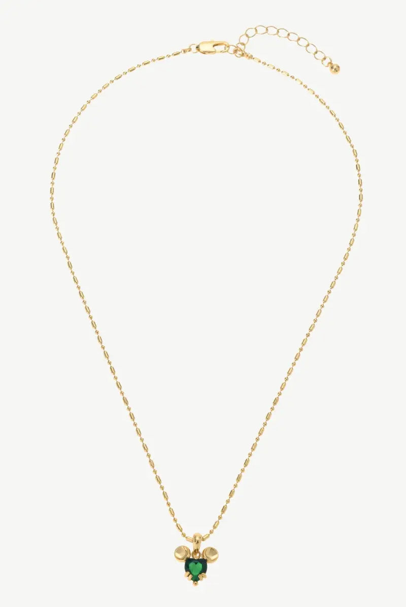 Mikey Chain Necklace - 18K Gold-Plated Brass Beaded Chain with Mickey Pendant and Green Zirconia - Whimsical Jewelry All-Glows