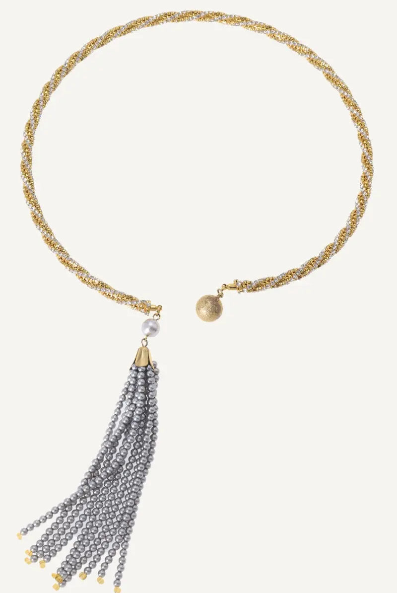 Nova Necklace – Twisted Design with Crystal Cuff and Swarovski Pearl Tassel All-Glows