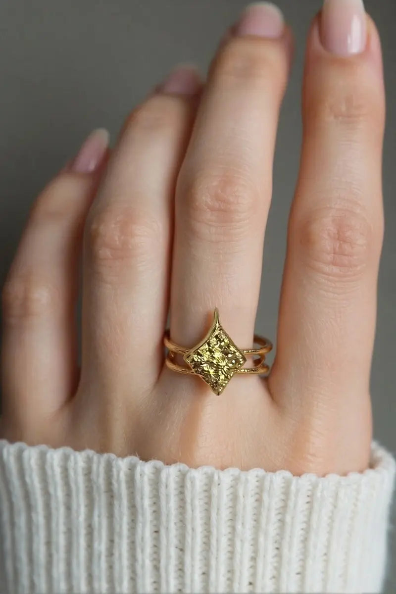 Oasis Adjustable Open Ring - Textured Geometric Design with Organic Wrinkled Detail in 18K Gold-Plated Brass All-Glows