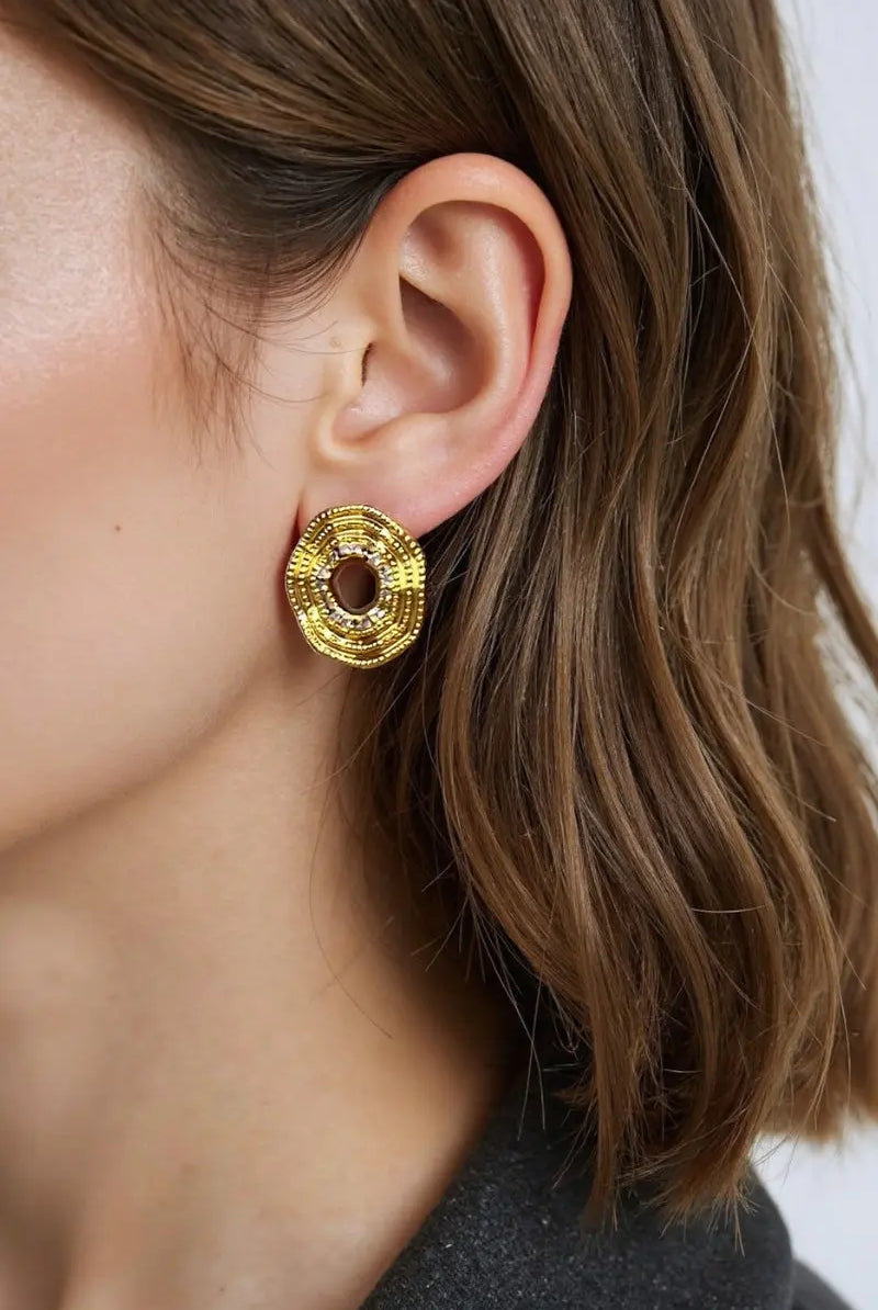 Opal Earring Studs: 18K Gold-Plated Brass with Three-Dimensional Circles and Zirconia Details All-Glows