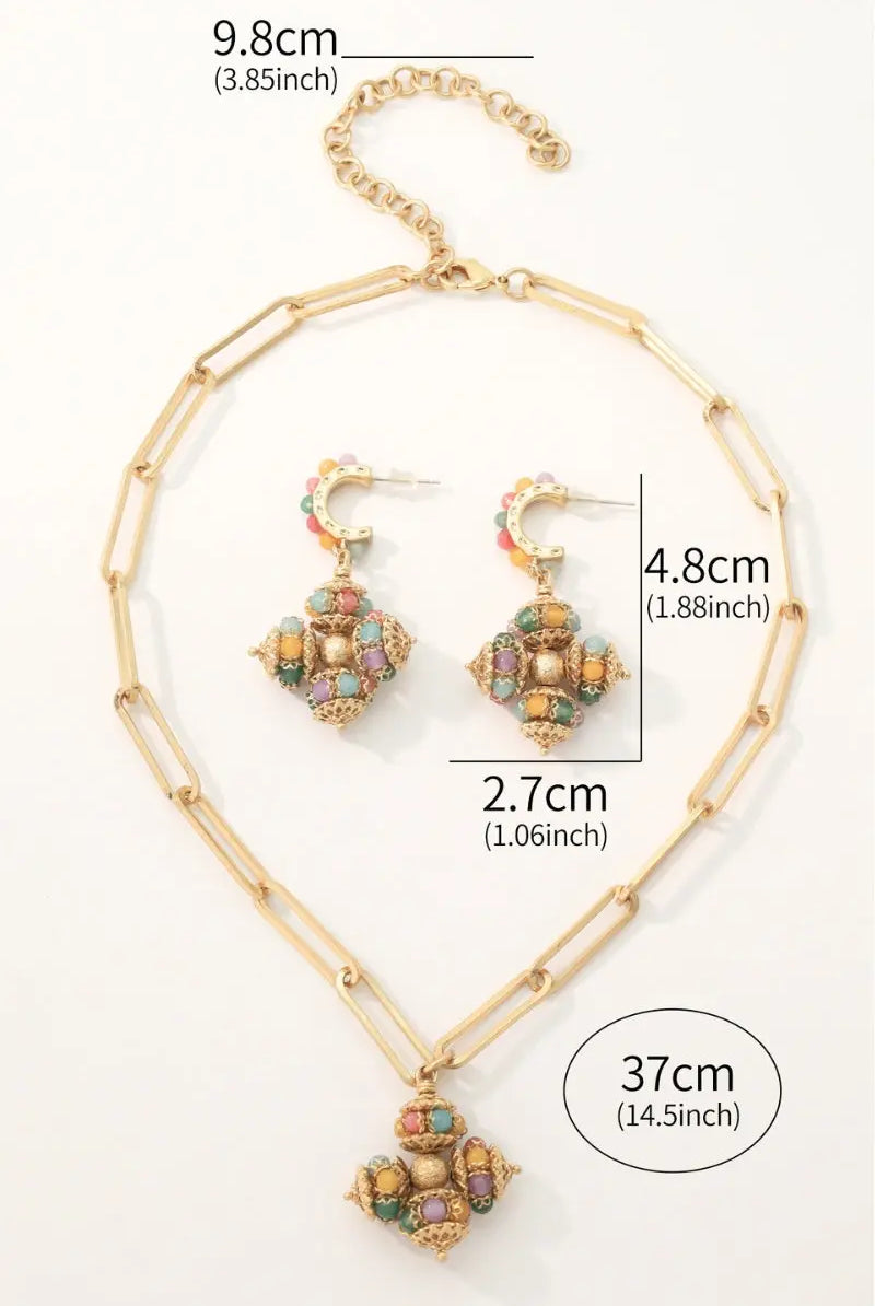 Opulence Artificial Gemstone Jewelry Set – Necklace & Earrings with Filigree Cross Pendants All-Glows