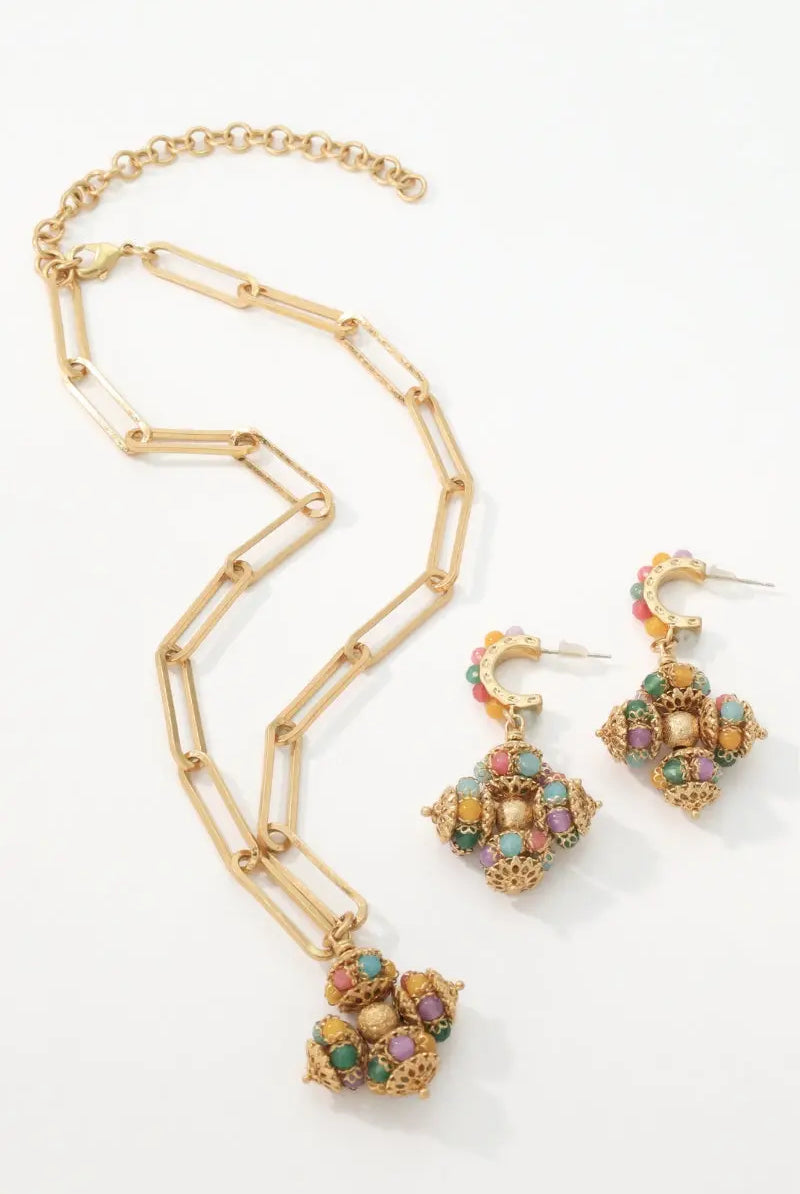 Opulence Artificial Gemstone Jewelry Set – Necklace & Earrings with Filigree Cross Pendants All-Glows