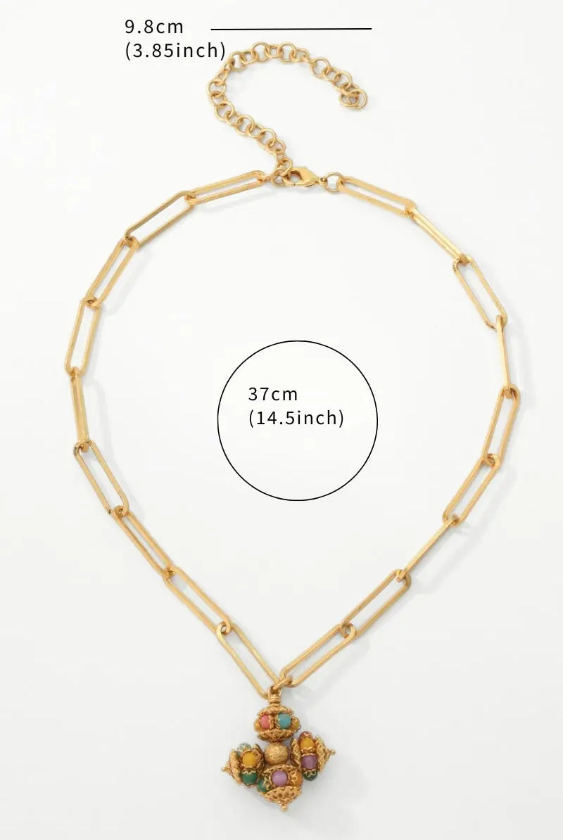 Opulence Artificial Gemstone Necklace – 18K Gold-Plated Chain with Multicolored Gemstone Cross Pendant All-Glows