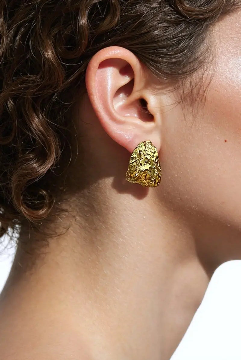 Petal Earring Studs: 18K Gold-Plated Brass with Hammered Organic Texture All-Glows