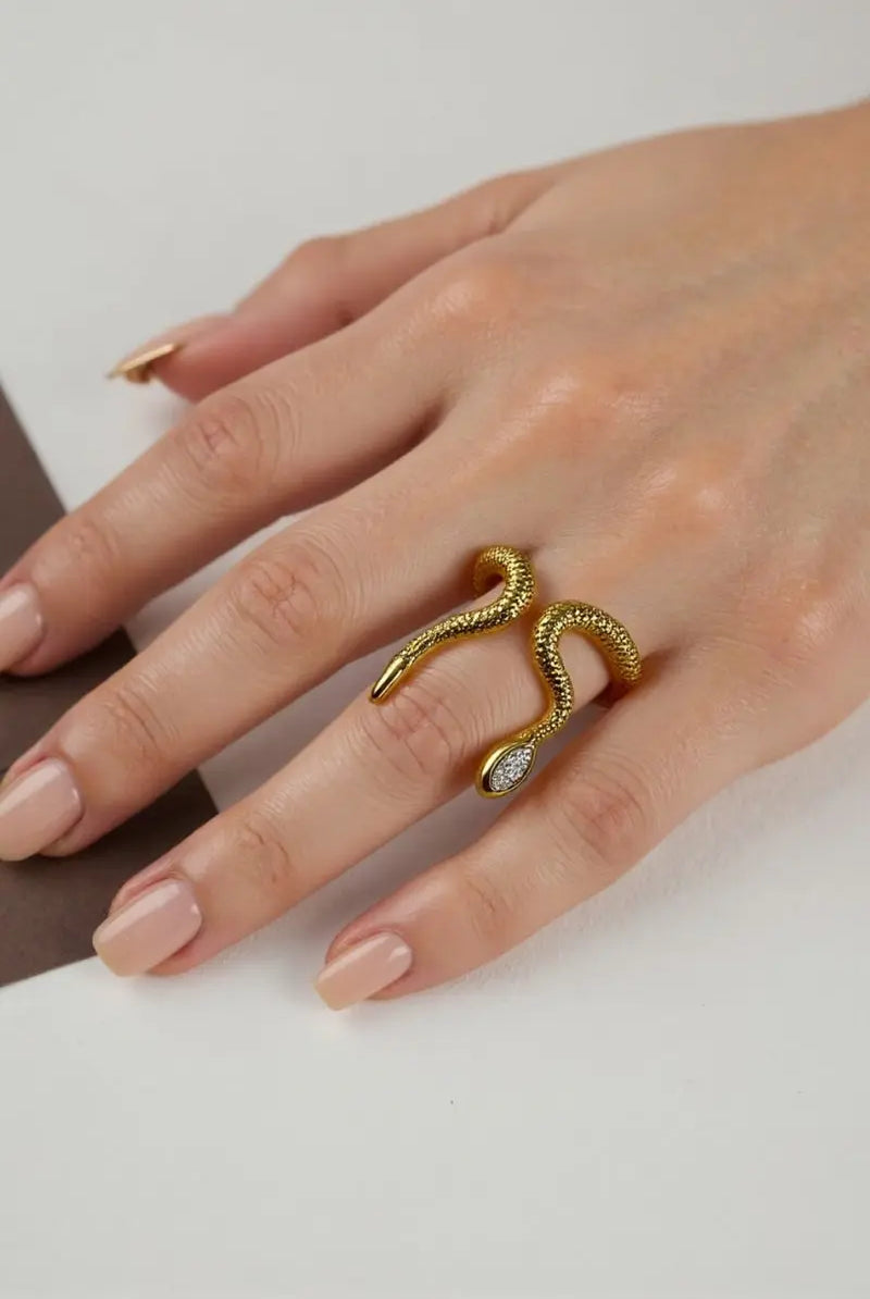 Phoenix Ring – 18K Gold Plated Snake Wrap Ring, Textured Serpent Design with Pave Zirconia All-Glows