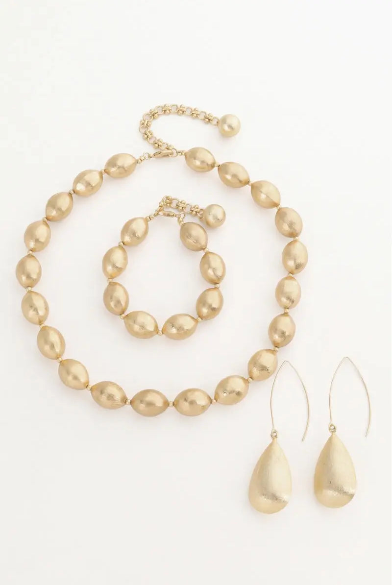 Queen Jewelry Set Gold-Plated Brass Necklace Earrings & Bracelet Elegant Brushed Olive Bead Design Minimalist & Chic All-Glows