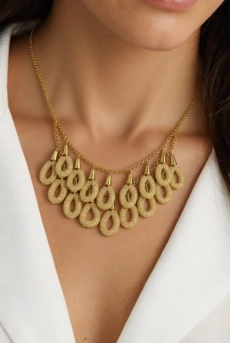 Rose Multi-strand Necklace - Chic 18K Gold-Plated Brass Mesh with Sparkling Crystal-Encased Rings - Layered Fashion Jewelry All-Glows