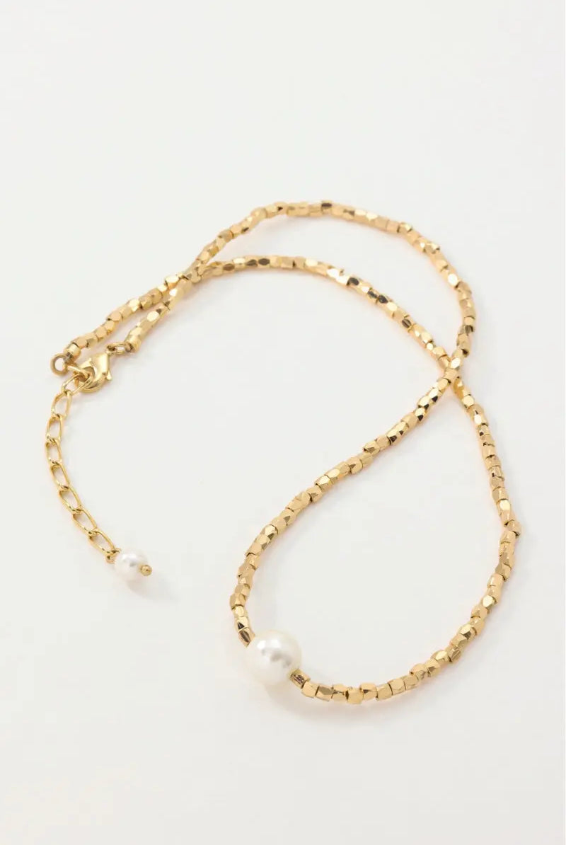 Sand Cubic Beads Necklace - Stylish 18K Gold-Plated Brass with Faux Pearl Centerpiece - Modern Geometric Jewelry All-Glows