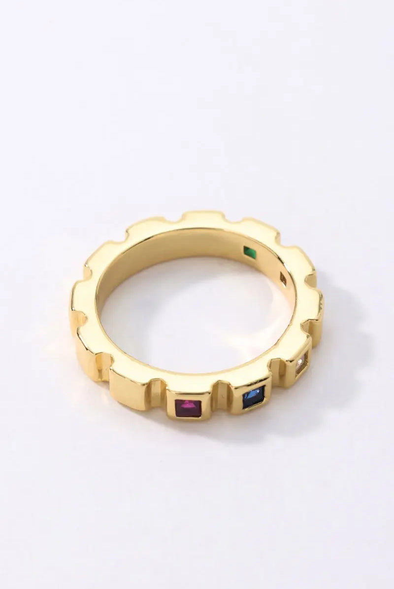Stardust Ring – 18K Gold-Plated Stackable Gear Ring with Multi-Colored Zirconia Stones
