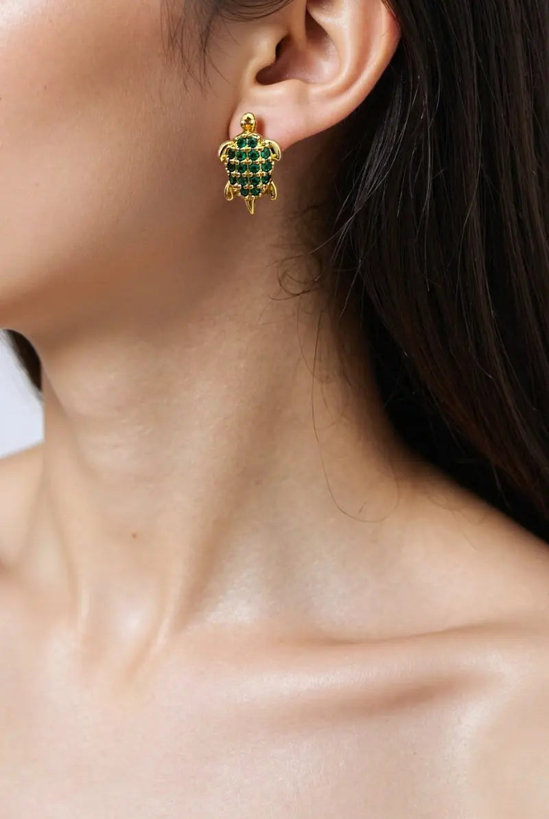 Turtle Earring Studs: 18K Gold-Plated Brass with Green Zirconia Turtle Design All-Glows