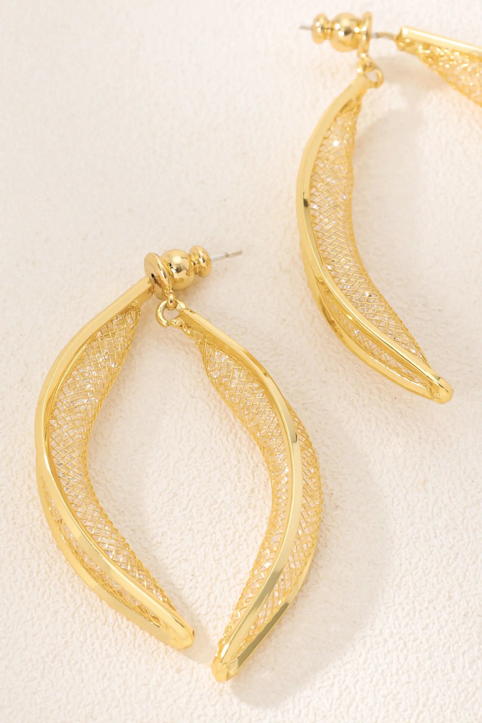 Whisper Earrings 18K Gold-Plated Brass Mesh and Crystal Crescent Moon Design with Sparkling Edges All-Glows