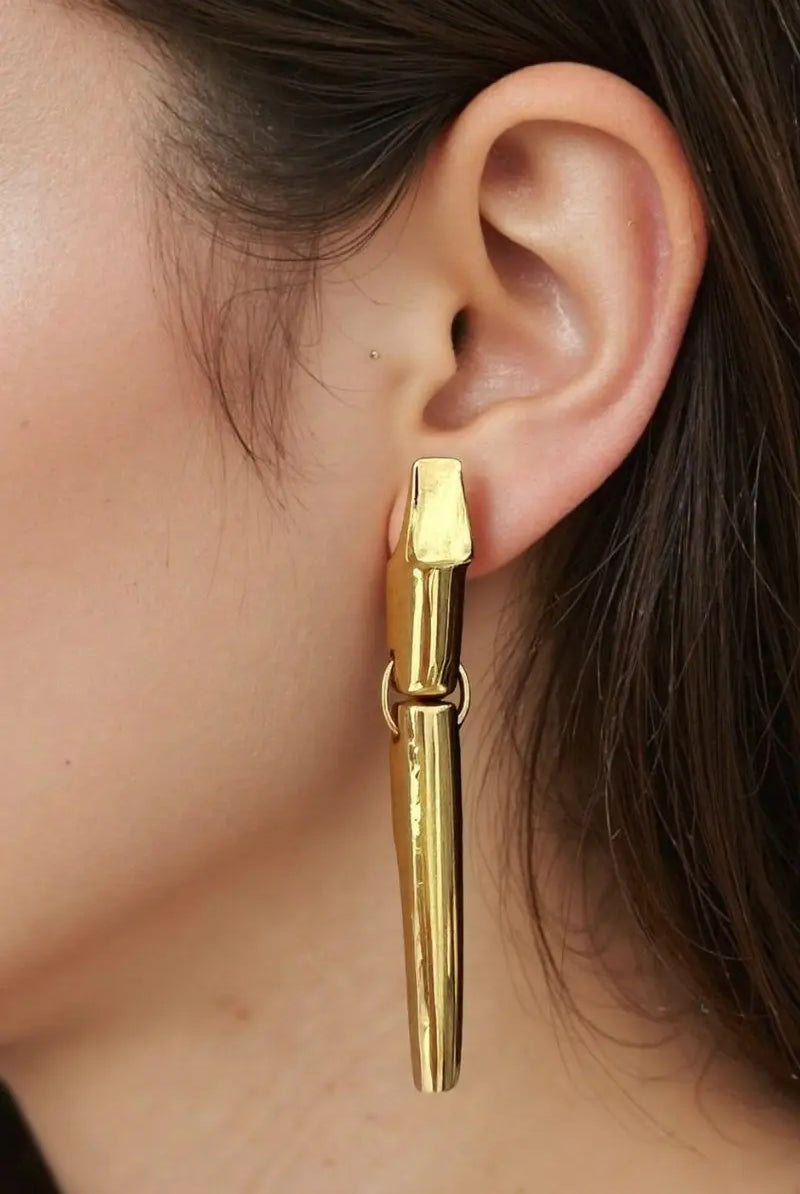 Whistle Earrings Unique Long Bar Design with Moving Lower Half in 18K Gold-Plated Brass All-Glows