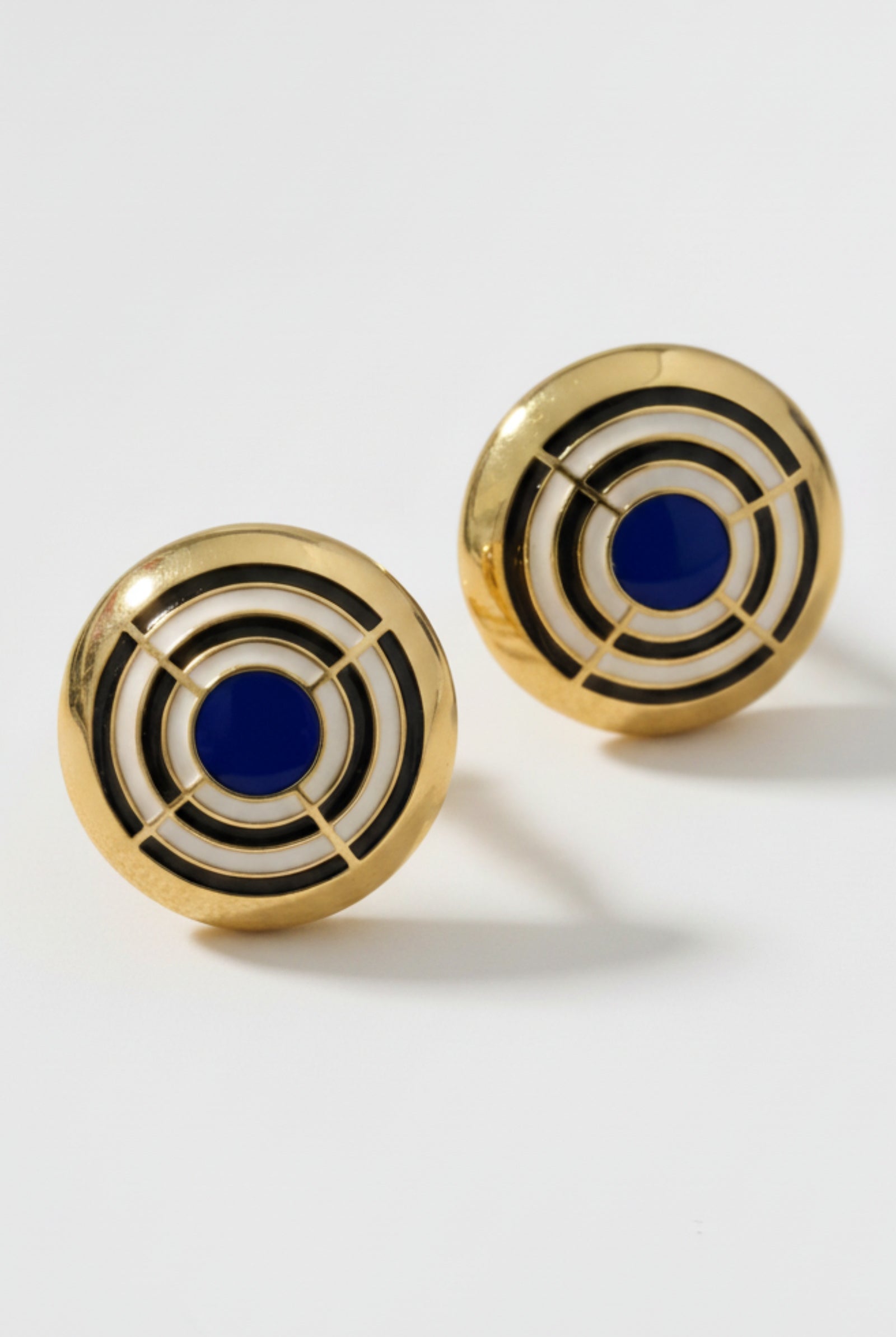 Oversized 26g cobalt blue and white enamel dome studs, retro mod statement jewelry for women.
