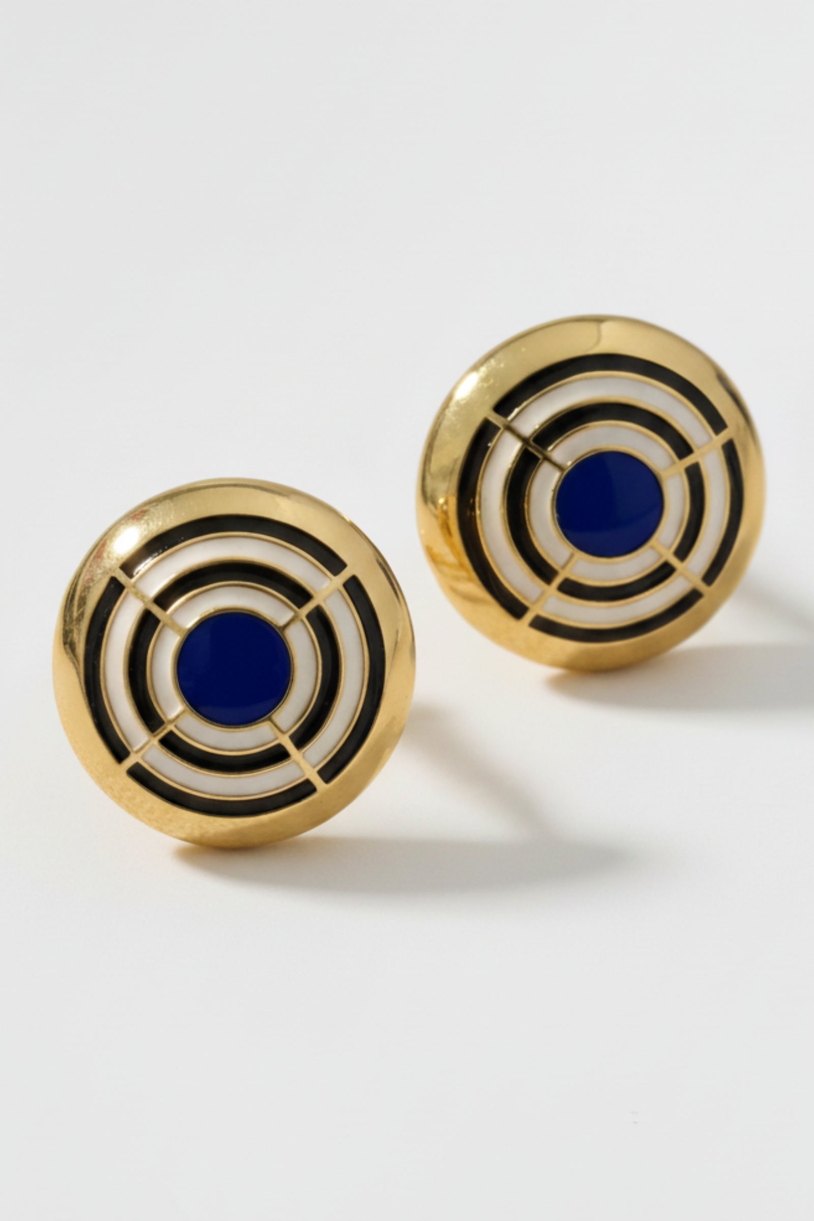 Oversized 26g cobalt blue and white enamel dome studs, retro mod statement jewelry for women.