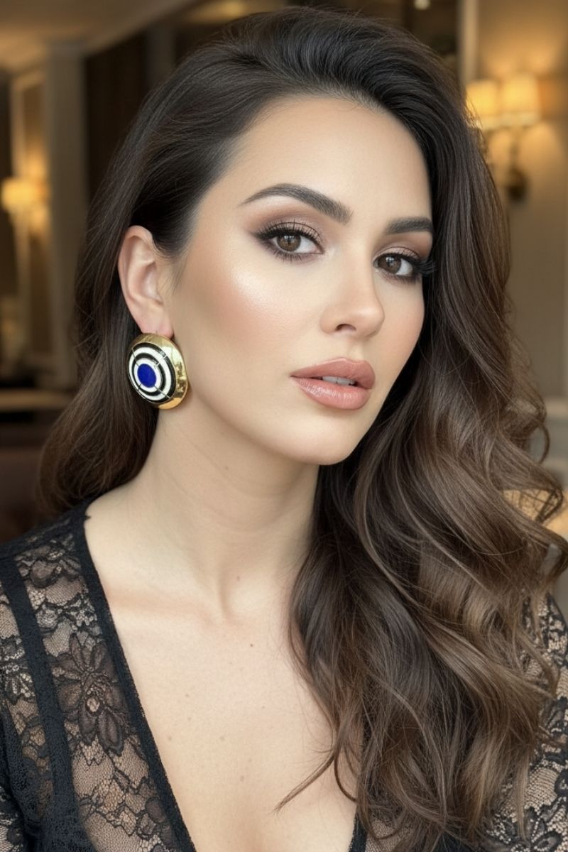 Close-up portrait of a model wearing All-Glows Grand Muse cobalt blue enamel earrings with a gold border. Vintage-inspired statement jewelry that provides a high-fashion editorial look.