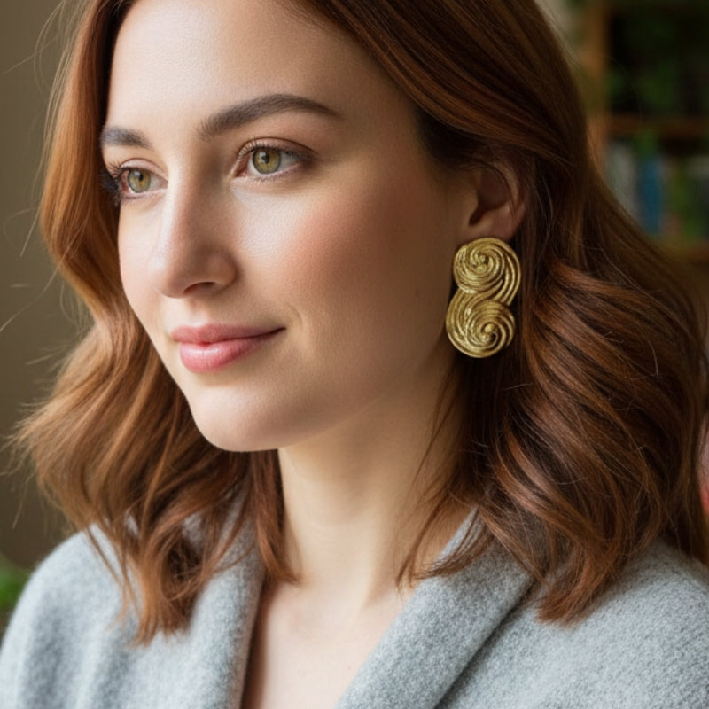 Model wearing gold Seraphina sculptural swirl stud earrings with grey knitwear