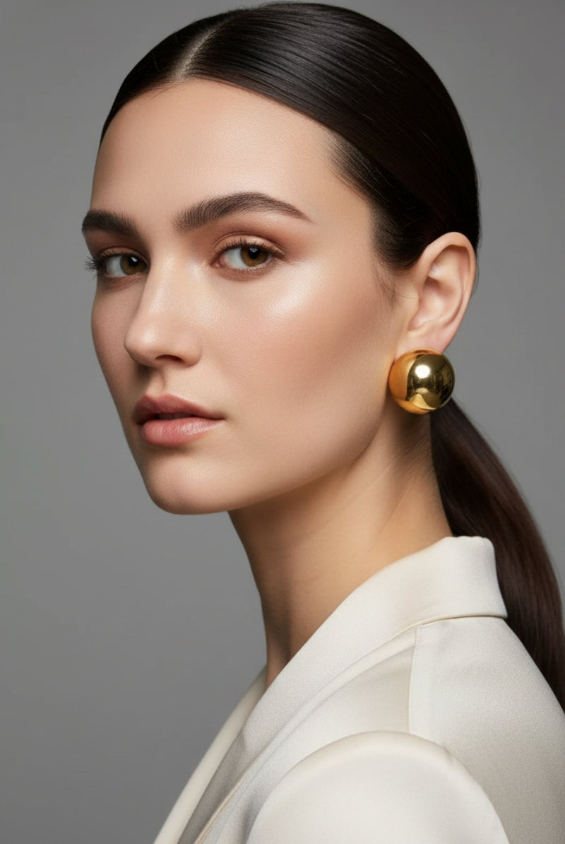 A polished woman with a center-parted ponytail and an off-white blazer showcasing bold editorial fashion jewelry. The 18K gold plated sphere studs perfectly hug her earlobe, representing the top chunky gold ear cuff and stud trends in New York and Paris.