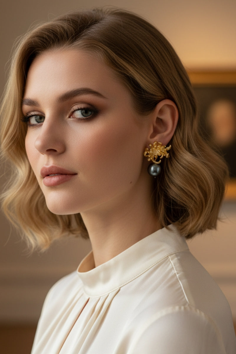 Close-up editorial photo of a woman in a white silk blouse wearing baroque romantic jewelry. Features tarnish-resistant gold chrysanthemum flower earrings and luminous deep grey black pearls.