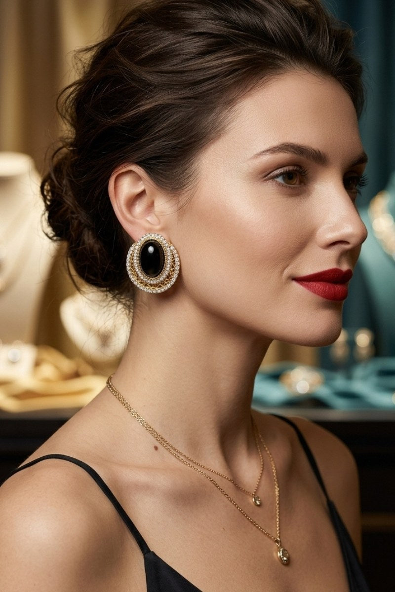 Model wearing black czech crystal halo stud earrings, view 2