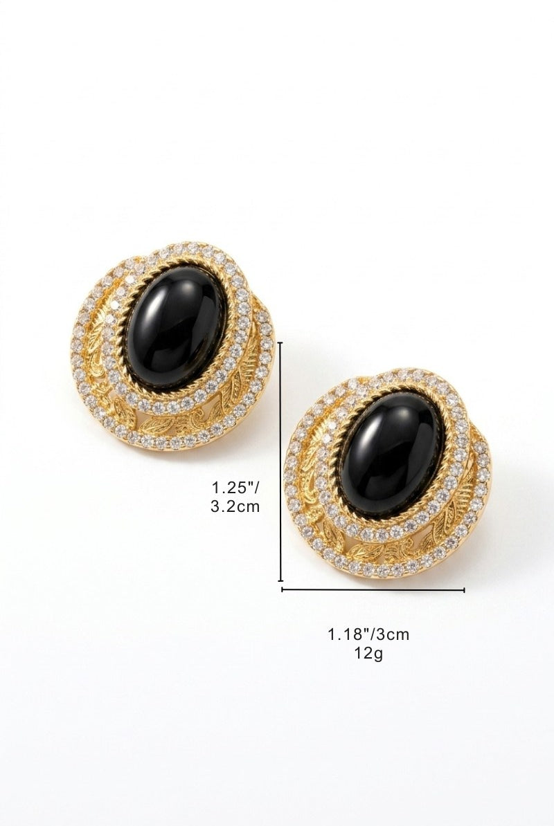 Size reference for black czech crystal halo stud earrings showing visible dimensions