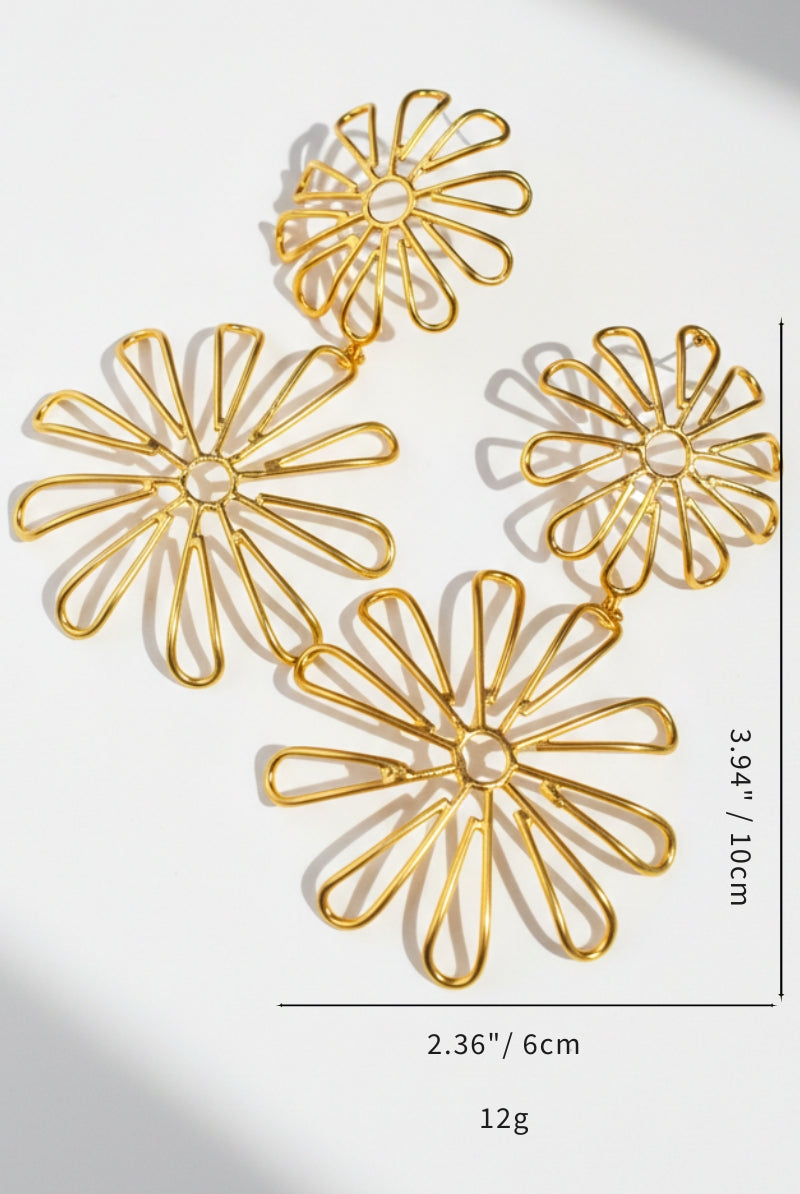 Product dimensions of Flora Double Daisy Earrings: 10cm length and 6cm width, lightweight 12g gold floral studs for weddings.