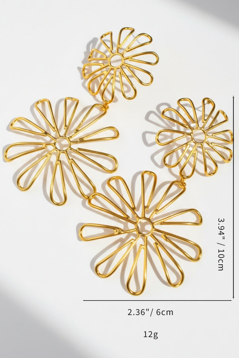 Product dimensions of Flora Double Daisy Earrings: 10cm length and 6cm width, lightweight 12g gold floral studs for weddings.