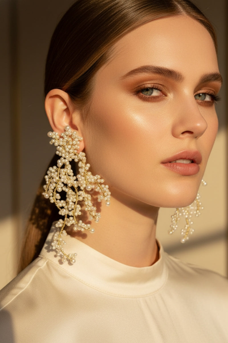 Sophisticated model wearing modern pearl dangles, perfect for a Hamptons-style luxury wedding or bridal event.