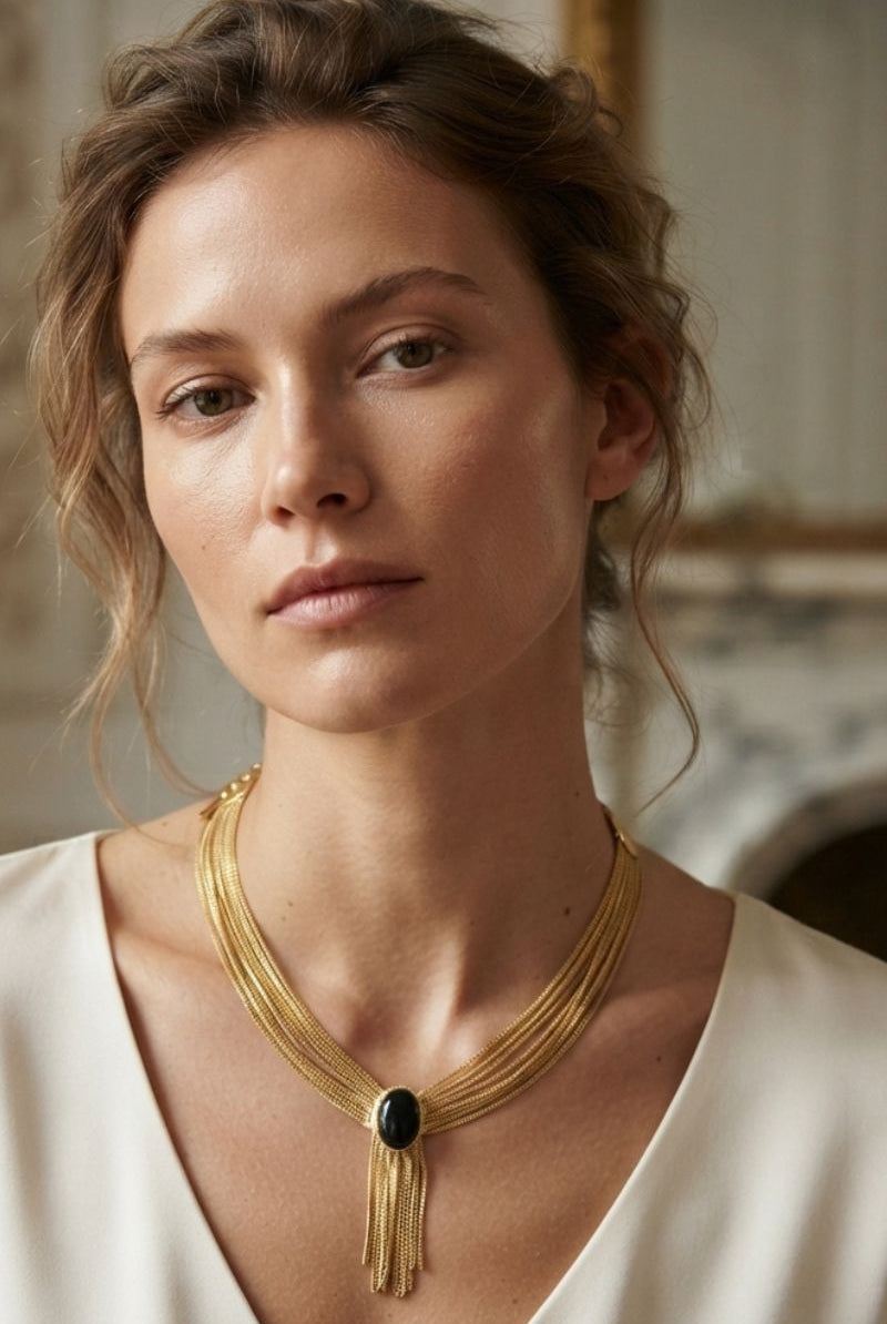 Model styling Eclipse black crystal necklace with an elegant white dress