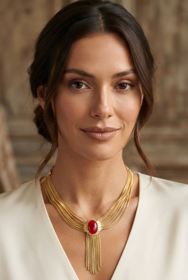 Gold-plated Eclipse necklace with red crystal centerpiece in an elegant portrait