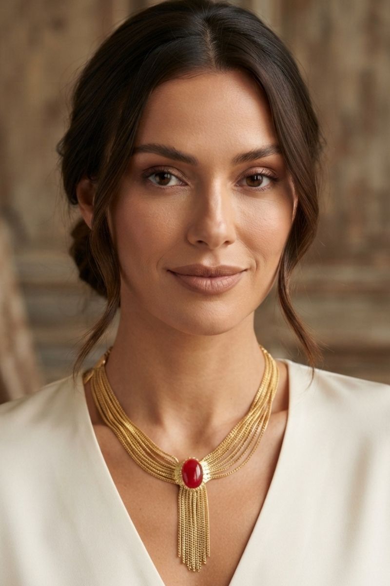 Gold-plated Eclipse necklace with red crystal centerpiece in an elegant portrait