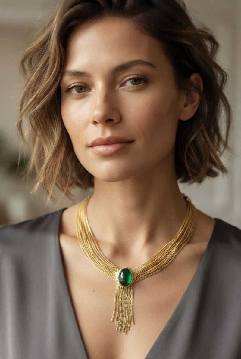 Fashion look featuring Eclipse green crystal statement necklace with handmade fringe chain design