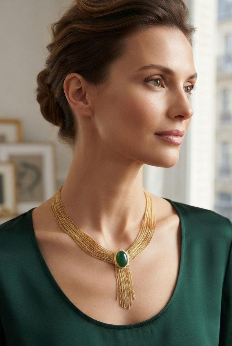 Model wearing Eclipse green synthetic crystal statement necklace with 18K gold-plated brass fringe chains