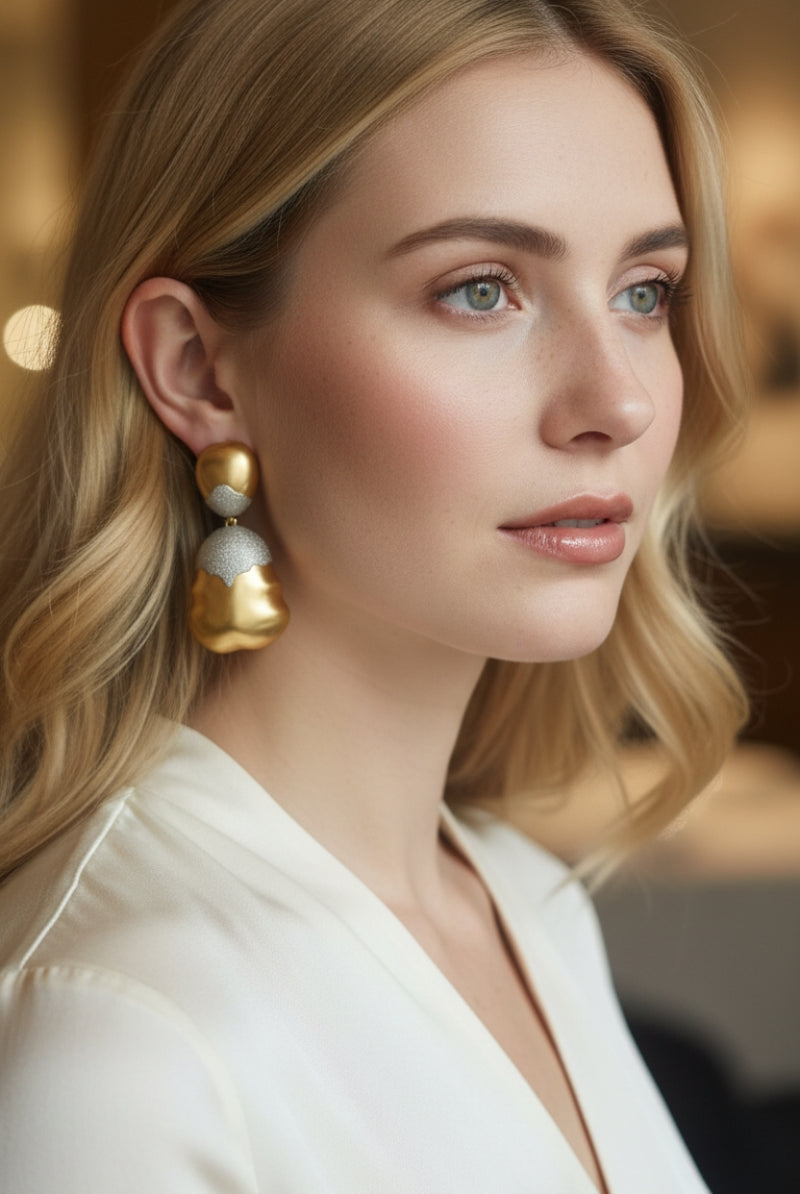 Close-up of high-quality two-tone frosted metal earrings paired with a white silk blouse, embodying the quiet luxury aesthetic in the USA.