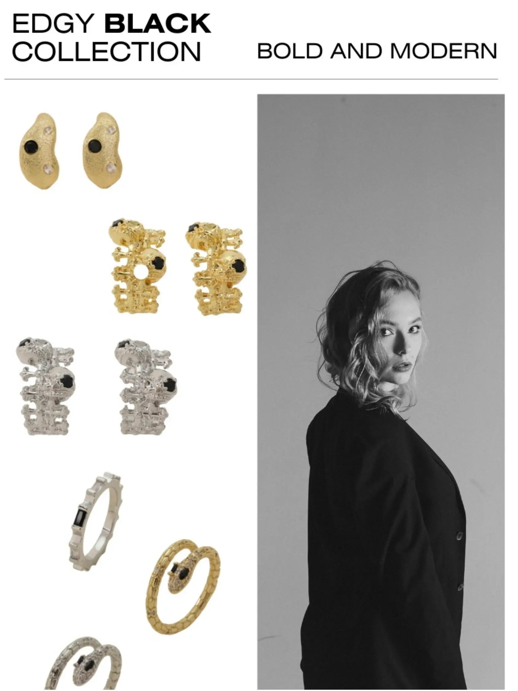 Gold jewelry with black stones and enamel details on a model – All-Glows Edgy Collection