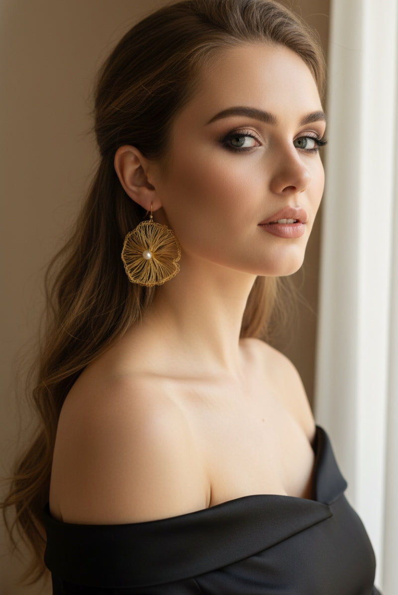 All Glows Lyra hand-crocheted earrings in tarnish-resistant gold plated wire, showcasing intricate artisan filigree stitches.