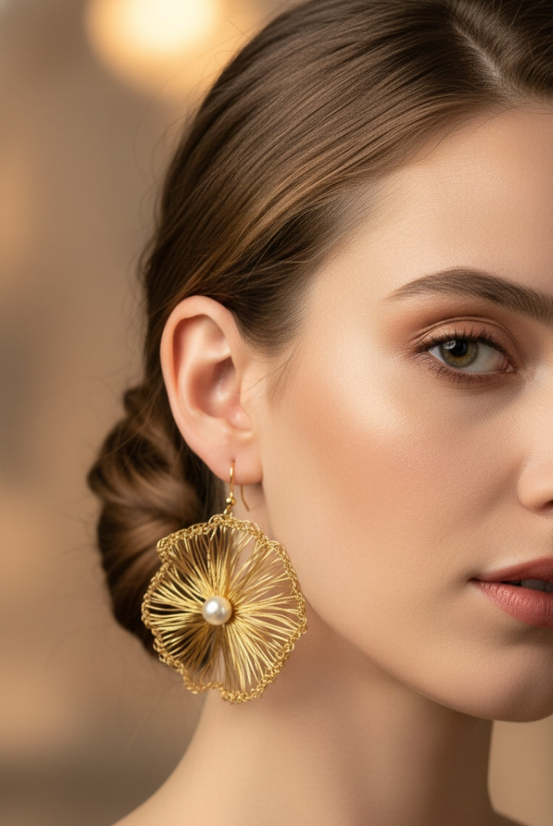 Side profile of an elegant woman wearing gold crocheted wire lace earrings, ideal for a luxurious Hamptons garden wedding or Bohemian bridal ensemble.