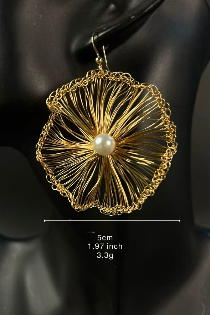 Detail shot on a white background, highlighting the delicate, hand-woven structure of color-preserving copper wire on All Glows crocheted earrings.