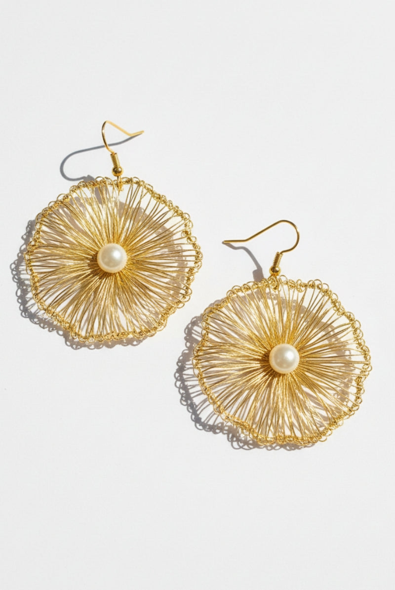 Detail shot on a white background, highlighting the delicate, hand-woven structure of color-preserving copper wire on All Glows crocheted earrings.