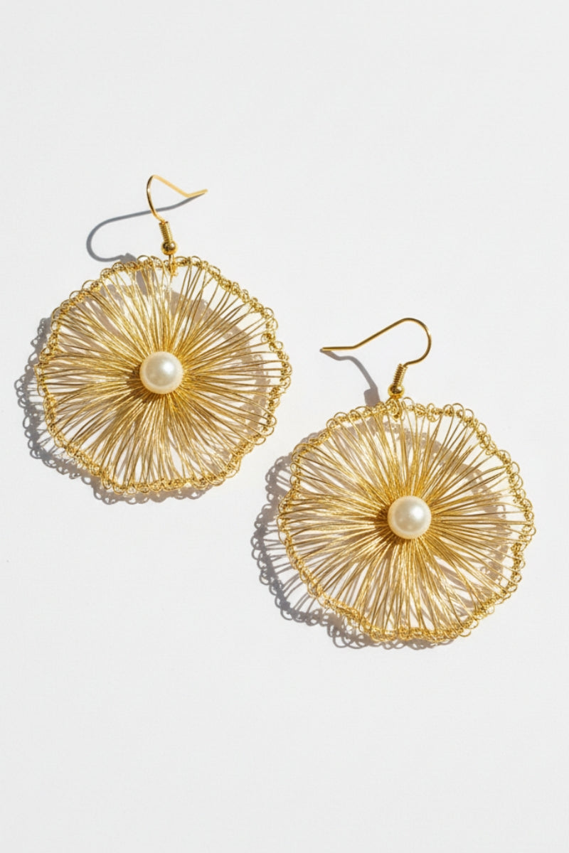 Detail shot on a white background, highlighting the delicate, hand-woven structure of color-preserving copper wire on All Glows crocheted earrings.