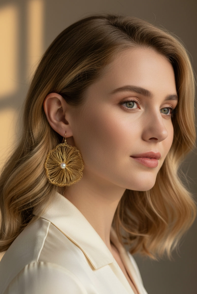 Side profile of an elegant woman wearing gold crocheted wire lace earrings, ideal for a luxurious Hamptons garden wedding or Bohemian bridal ensemble.