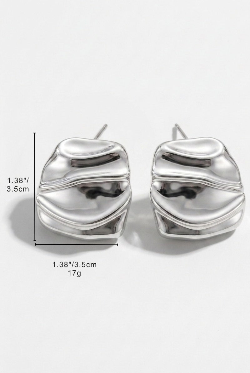 Size reference for liquid silver square statement stud earrings showing visible dimensions